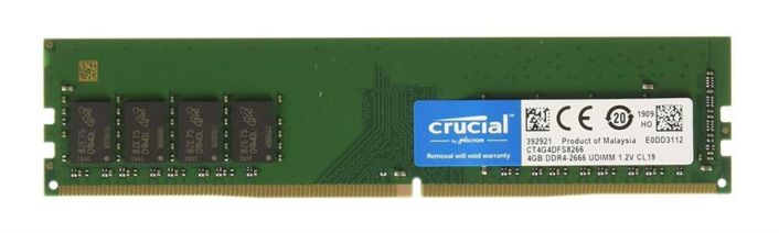 CT4G4DFS8266.C8FE Crucial 4GB PC4-21300 DDR4-2666MHz non-ECC Unbuffered CL19 288-Pin DIMM 1.2V Single Rank Memory Module