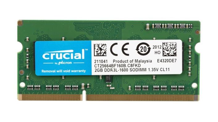 CT25664BF160B.C8F Crucial 2GB PC3-12800 DDR3-1600MHz non-ECC Unbuffered CL11 204-Pin SoDimm 1.35V Low Voltage Memory Module