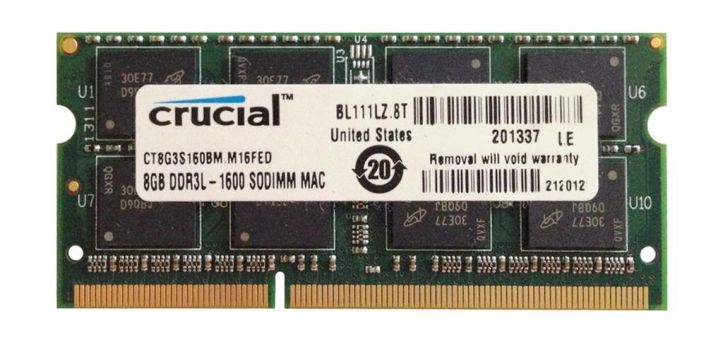 CT8G3S160BM.M16FED Crucial 8GB PC3-12800 DDR3-1600MHz non-ECC Unbuffered CL11 204-Pin SoDimm 1.35V Low Voltage Dual Rank Memory Module