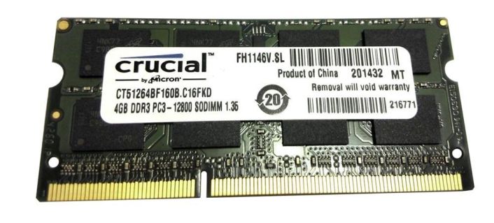 CT51264BF160B.C16FKD Crucial 4GB PC3-12800 DDR3-1600MHz non-ECC Unbuffered CL11 204-Pin SoDimm 1.35V Low Voltage Memory Module