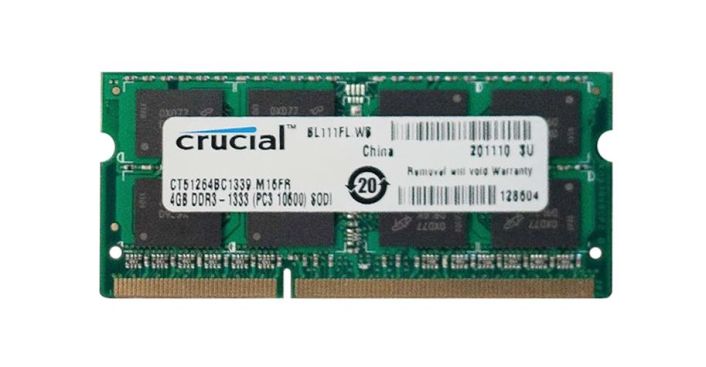 CT51264BC1339.M16FR Crucial 4GB PC3-10600 DDR3-1333MHz non-ECC Unbuffered CL9 204-Pin SoDimm Dual Rank Memory Module