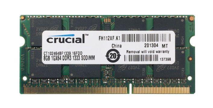 CT102464BF1339.16FDD Crucial 8GB PC3-10600 DDR3-1333MHz non-ECC Unbuffered CL9 204-Pin SoDimm 1.35V Low Voltage Dual Rank Memory Module