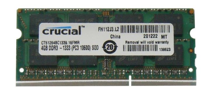CT51264BC1339.16FMR Crucial 4GB PC3-10600 DDR3-1333MHz non-ECC Unbuffered CL9 204-Pin SoDimm Memory Module