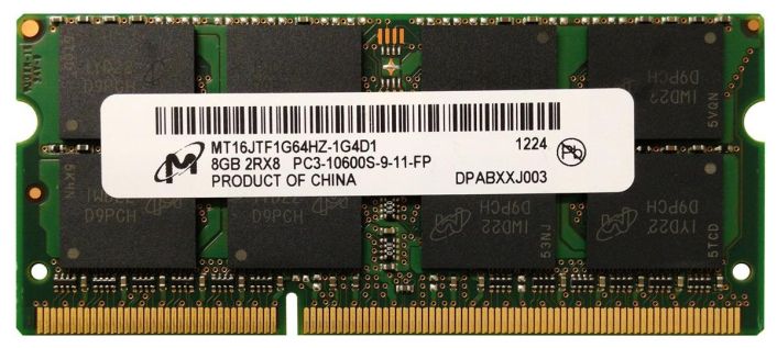 MT16JTF1G64HZ-1G4D1 Micron 8GB PC3-10600 DDR3-1333MHz non-ECC Unbuffered CL9 204-Pin SoDimm Dual Rank Memory Module