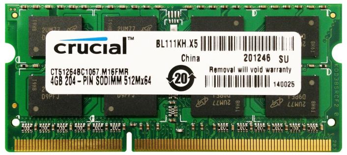 CT51264BC1067-B2 Crucial 4GB PC3-8500 DDR3-1066MHz non-ECC Unbuffered CL7 204-Pin SoDimm Dual Rank Memory Module