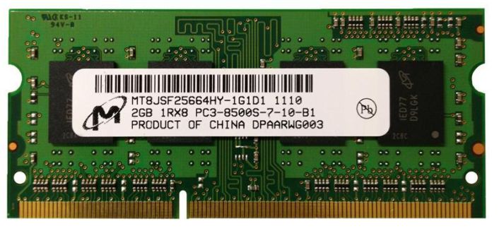 MT8JSF25664HY-1G1D1 Micron 2GB PC3-8500 DDR3-1066MHz non-ECC Unbuffered CL7 204-Pin SoDimm Single Rank Memory Module