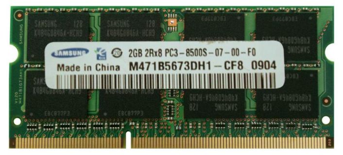M471B5673DH1-CF8 Samsung 2GB PC3-8500 DDR3-1066MHz non-ECC Unbuffered CL7 204-Pin SoDimm Dual Rank Memory Module