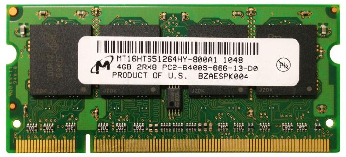 MT16HTS51264HY-800A1 Micron 4GB PC2-6400 DDR2-800MHz non-ECC Unbuffered CL6 200-Pin SoDimm Dual Rank Memory Module