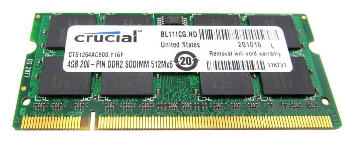 CT51264AC800.Y16F Crucial 4GB PC2-6400 DDR2-800MHz non-ECC Unbuffered CL6 200-Pin SoDimm Dual Rank Memory Module