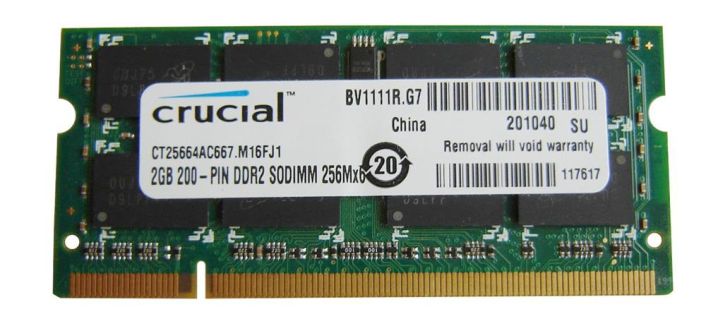 CT25664AC667.M16FJ1 Crucial 2GB PC2-5300 DDR2-667MHz non-ECC Unbuffered CL5-5-5-15 200-Pin SoDimm Memory Module