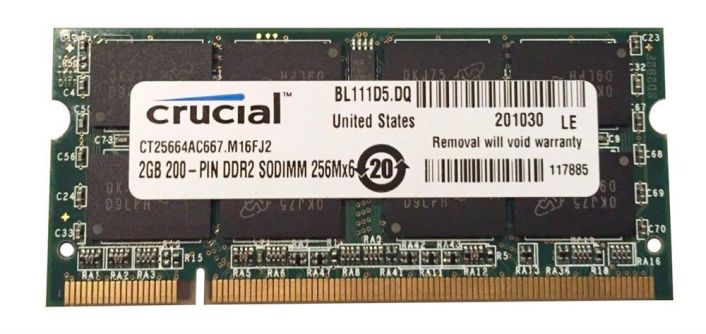 CT25664AC667.M16FJ2 Crucial 2GB PC2-5300 DDR2-667MHz non-ECC Unbuffered CL5-5-5-15 200-Pin SoDimm Memory Module