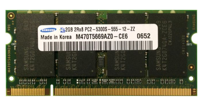M470T5669AZ0-CE6 Samsung 2GB PC2-5300 DDR2-667MHz Non-ECC Unbuffered CL5 SoDimm Memory Module
