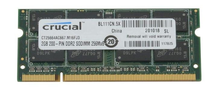 CT25664AC667.M16FJ3 Crucial 2GB PC2-5300 DDR2-667MHz non-ECC Unbuffered CL5-5-5-15 200-Pin SoDimm Memory Module