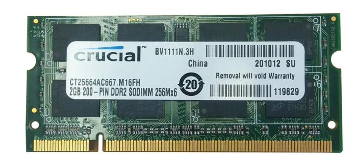 CT25664AC667.M16FH Crucial 2GB PC2-5300 DDR2-667MHz non-ECC Unbuffered CL5-5-5-15 200-Pin SoDimm Memory Module