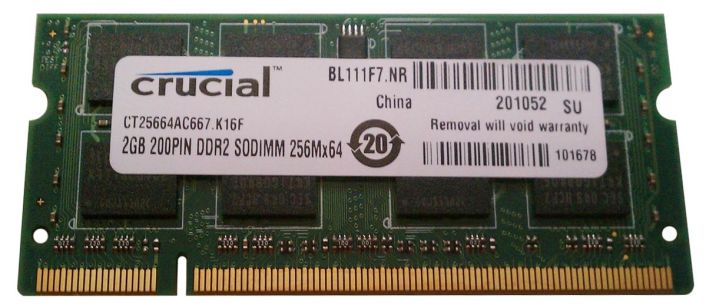 CT25664AC667.K16F Crucial 2GB PC2-5300 DDR2-667MHz non-ECC Unbuffered CL5 200-Pin SoDimm Memory Module