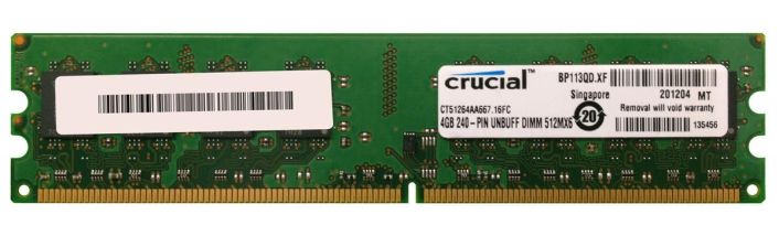 CT51264AA667.16FC Crucial 4GB PC2-5300 DDR2-667MHz non-ECC Unbuffered CL5 1.8v 240-Pin DIMM Dual Rank Memory Module