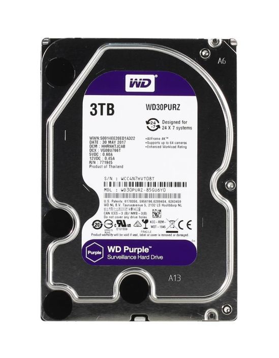 WD30PURZ Western Digital Purple Surveillance 3TB 5400RPM SATA 6Gbps 64MB Cache 3.5-inch Internal Hard Drive