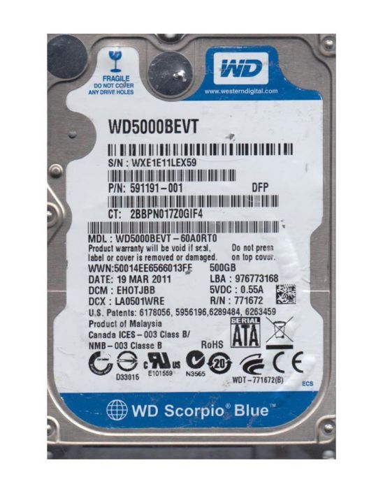 WD5000BEVT-6OAORTO Western Digital Scorpio Blue 500GB 5400RPM SATA 3Gbps 8MB Cache 2.5-inch Internal Hard Drive