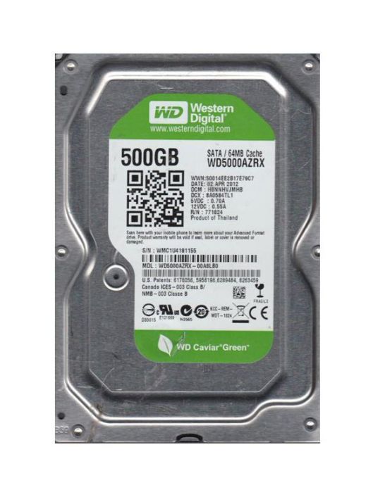 WD5000AZRX-OOL4HBO Western Digital Green 500GB 5400RPM SATA 6Gbps 64MB Cache 3.5-inch Internal Hard Drive