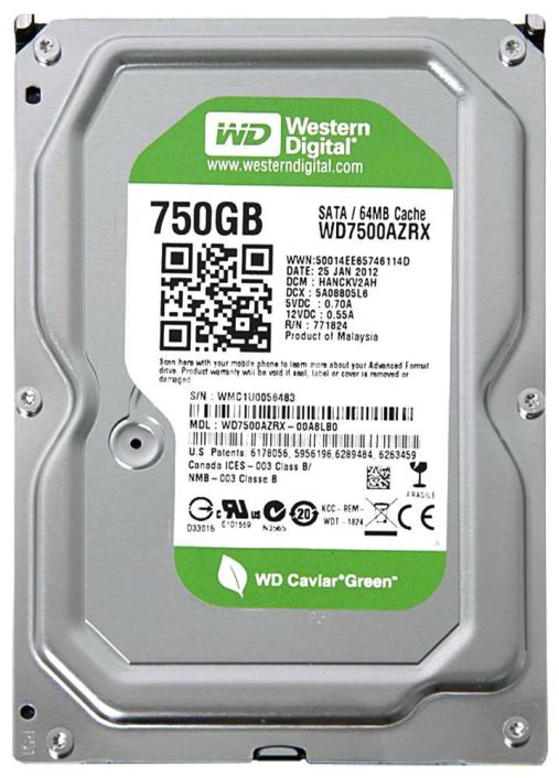 WD7500AZRX-00A8LB0 Western Digital Caviar Green 750GB 5400RPM SATA 6Gbps 64MB Cache 3.5-inch Internal Hard Drive