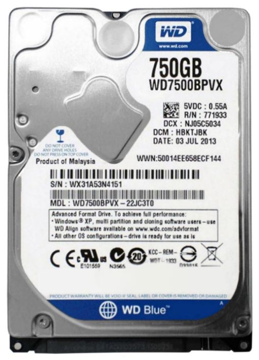 WD7500BPVX-22JC3T0 Western Digital Blue 750GB 5400RPM SATA 6Gbps 8MB Cache 2.5-inch Internal Hard Drive