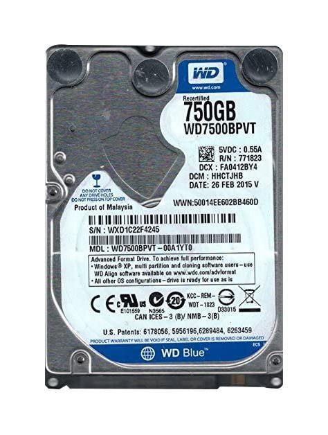 WD7500BPVT-00A1YT0 Western Digital Scorpio Blue 750GB 5400RPM SATA 3Gbps 8MB Cache 2.5-inch Internal Hard Drive