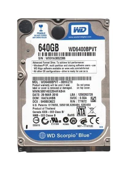 WD7500BPVT-00HXZT0 Western Digital Scorpio Blue 750GB 5400RPM SATA 3Gbps 8MB Cache 2.5-inch Internal Hard Drive