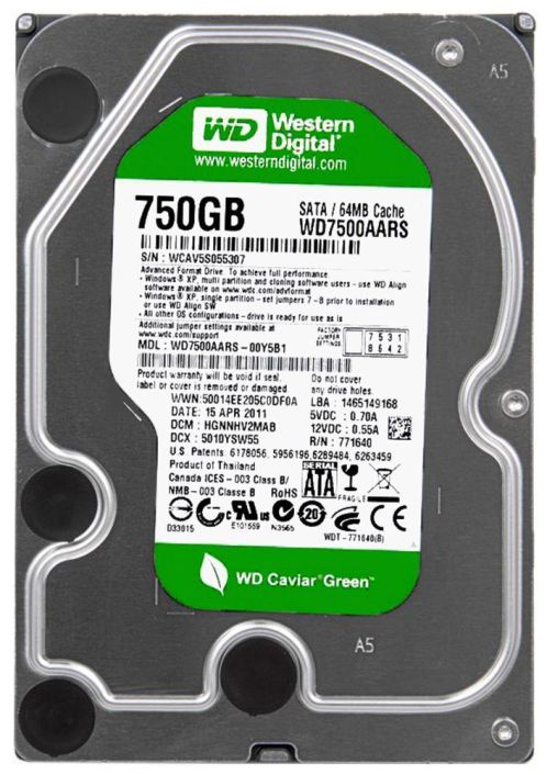 WD7500AARS-00Y5B1 Western Digital Caviar Green 750GB 5400RPM SATA 3Gbps 64MB Cache 3.5-inch Internal Hard Drive