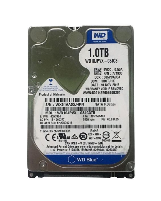 WD10JPVX-08JC3T5 Western Digital Blue 1TB 5400RPM SATA 6Gbps 8MB Cache 2.5-inch Internal Hard Drive