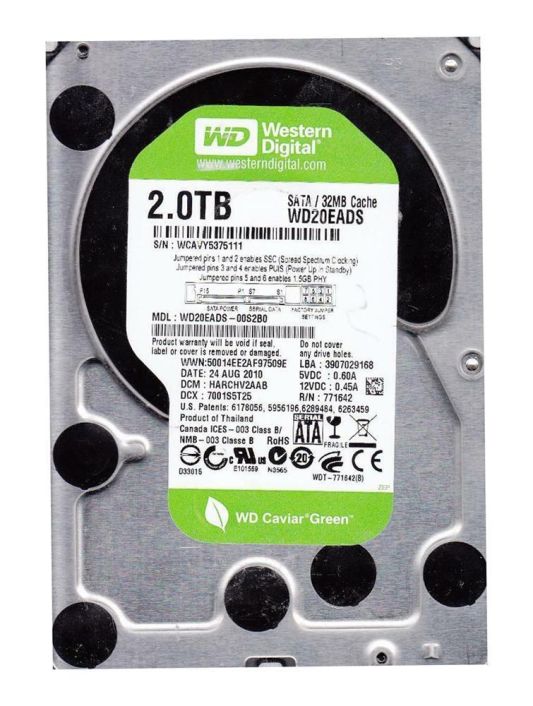 WD20EADS-00S2B0 Western Digital Caviar Green 2TB 5400RPM SATA 3Gbps 32MB Cache 3.5-inch Internal Hard Drive