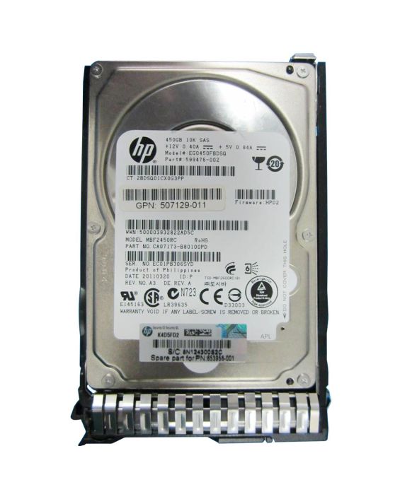 599476-002 HP 450GB 10000RPM SAS 6Gbps Dual Port Hot Swap 2.5-inch Internal Hard Drive with Smart Carrier