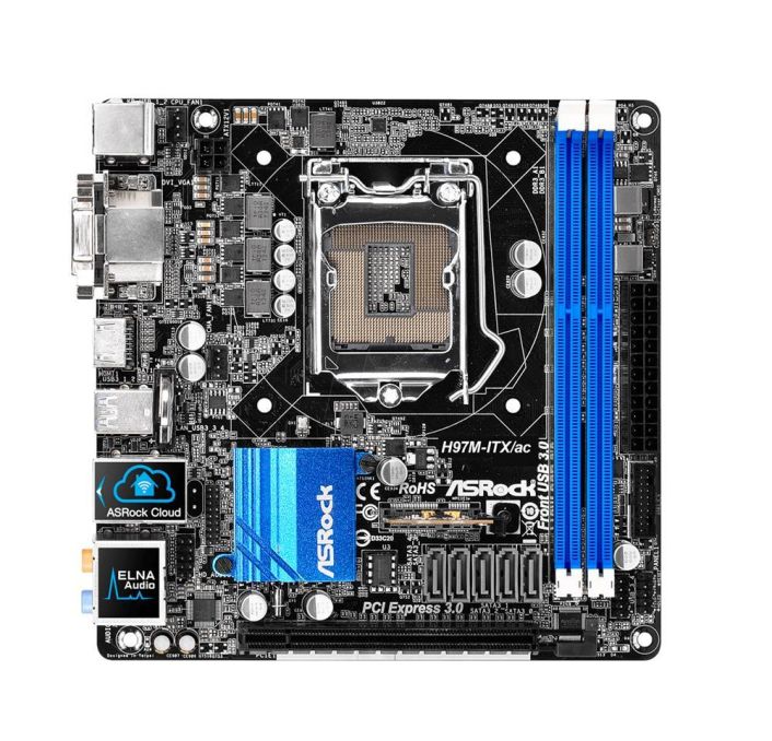 90-MXGTF0-A0UAYZ ASRock H97M-ITX/ac Socket LGA 1150 Intel H97 Chipset 5th Generation New 4th/4th Generation Intel Core i7 /i5 / i3 / Pentium / Celeron / Xeon Processors Support DDR3 2x DIMM 5x SATA3 6.0Gb/s Mini-ITX Motherboard (Refurbished)