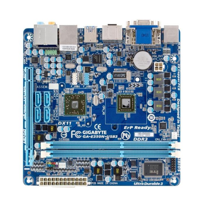 GA-E350N-USB3 Gigabyte Ultra Durable 3 Desktop Motherboard AMD A50M Chipset Mini ITX 1 x Processor Support 8GB DDR3 SDRAM Maximum RAM Serial ATA/600 On-board Video Chipset 1 x PCIe x16 Slot 2 x USB 3.0 Port HDMI (Refurbished)