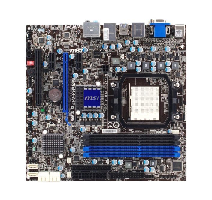 007623-020R MSI Socket AM3 AMD 880G + SB850 Chipset AMD Phenom II X4/ Phenom II X3/ Phenom II X2/ AMD Athlon II X4/ Athlon II X3/ Athlon II X2/ AMD Sempron Processors Support DDR3 4x DIMM 6x SATA 6.0Gb/s Micro-ATX Motherboard (Refurbished)