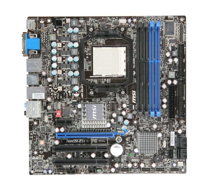760GM-E51 MSI Socket AM3 AMD 760G + SB710 Chipset AMD Phenom II X4/ Phenom II X3/ Phenom II X2/ AMD Athlon II X4/ Athlon II X3/ Athlon II X2/ AMD Sempron Processors Support DDR3 4x DIMM 5x SATA2 3.0Gb/s Micro-ATX Motherboard (Refurbished)