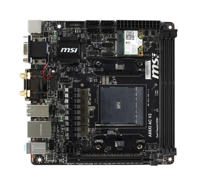 MB-A88XIV2 MSI A88XI AC V2 Socket FM2+ AMD A88X Chipset AMD A-Series/ Athlon Series Processors Support DDR3 2x DIMM 4x SATA 6.0Gb/s Mini-ITX Motherboard (Refurbished)