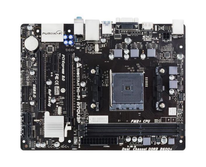 Hi-Fi A70U3P Biostar Socket FM2+/FM2 AMD A70M Chipset AMD A10/ A8/ A6/ A4/ E2/ AMD Athlon II X4 Processors Support DDR3 2x DIMM 4x SATA3 6.0Gb/s Micro-ATX Motherboard (Refurbished)