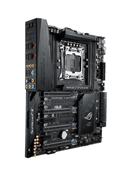 Rampage V Extreme EDITION 10 ASUS ROG RAMPAGE V EDITION 10 Socket LGA 2011-v3 Intel X99 Chipset Core i7 X-Series Processors Support DDR4 8x DIMM 10x SATA 6.0Gb/s Extended-ATX Motherboard (Refurbished)