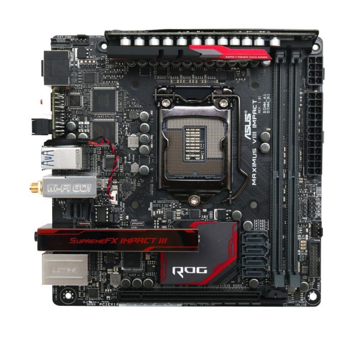 MBMAX7IMP Asus MAXIMUS VIII IMPACT Socket LGA 1151 Intel Z170 Chipset Core i7 / i5 / i3 / Pentium / Celeron Processors Support DDR4 2x DIMM 4x SATA 6.0Gb/s Mini-ITX Motherboard (Refurbished)