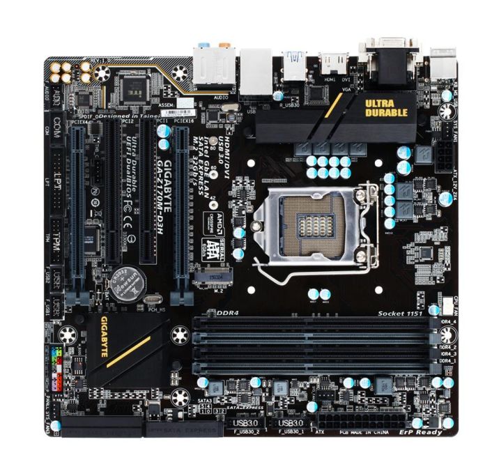 GA-Z170M-D3H Gigabyte Socket LGA 1151 Intel Z170 Express Chipset 7th/6th Generation Core i7 / i5 / i3 / Pentium / Celeron Processors Support DDR 4x DIMM 6x SATA 6.0Gb/s Micro-ATX Motherboard (Refurbished)