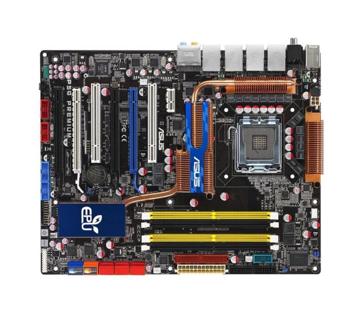 P5QPREMIUM ASUS P5Q PREMIUM Socket LGA 775 Intel P45 + ICH10R Chipset Core 2 Quad/ Core 2 Extreme/ Core 2 Duo/ Pentium Dual-Core/ Celeron Dual-Core/ Celeron Processors Support DDR2 4x DIMM 6x SATA 3.0Gb/s ATX Motherboard (Refurbished)