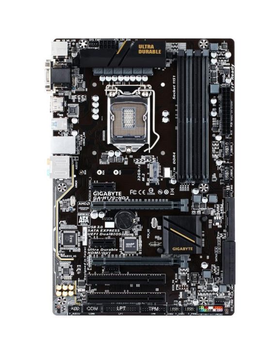 GA-H170-HD3 (rev. 1.0) Gigabyte Socket LGA 1151 Intel Z270 Express Chipset Core 7th/6th Generation i7 / i5 / i3 / Pentium / Celeron Processors Support DDR4 4x DIMM 6x SATA 6.0Gb/s ATX Motherboard (Refurbished)