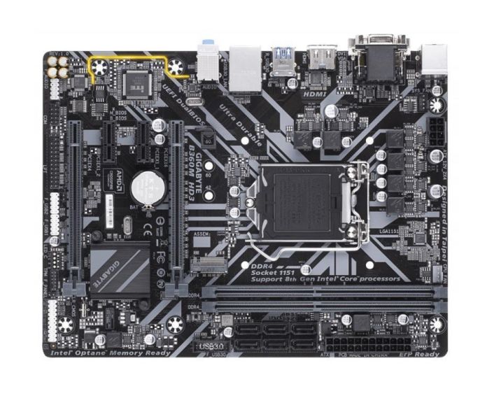 B360M HD3 (rev. 1.0) Gigabyte Socket LGA 1151 Intel B360 Express Chipset 8th Generation Core i7 / i5 / i3 / Pentium / Celeron Processors Support DDR4 2x DIMM 6x SATA 6.0Gb/s Micro-ATX Motherboard (Refurbished)