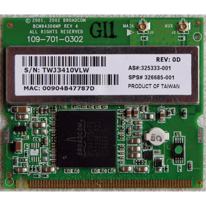 325333R-001 HP Mini PCI 54G 802.11b/g High Speed Wireless LAN (WLAN) Network Interface Card