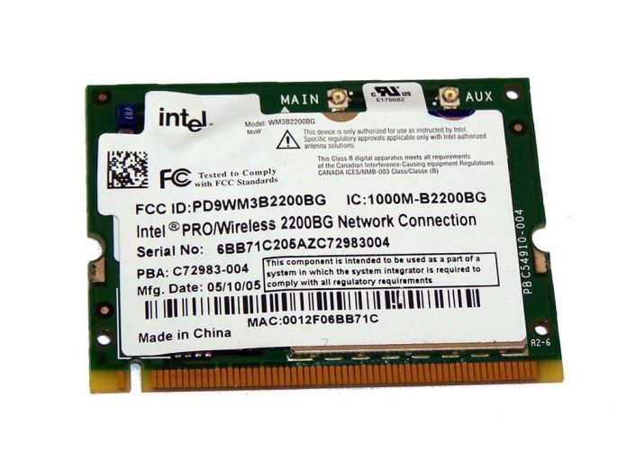 C72983-004 Intel PRO/Wireless 2200BG 2.4GHz 54Mbps IEEE 802.11b/g Mini PCI Type 3B Wireless Network Adapter