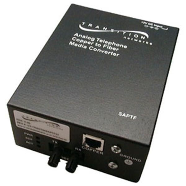 SAPTF3311-100 Transition Twisted Pair (RJ-11) 5 Kilometers/3.1 Miles to 1300 NM Multi-Mode (ST) 2 Kilometers/1.2 Miles for POTS 2-Wire Line Side FXS Point System Slide-In-Module Media Converter