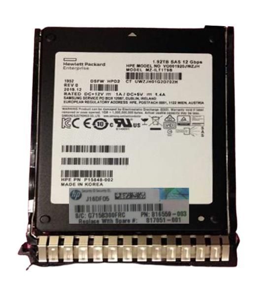 817051-001 HP 1.92TB SAS 12Gbps Hot Swap Read Intensive-3 2.5-inch Internal Solid State Drive (SSD) with Smart Carrier
