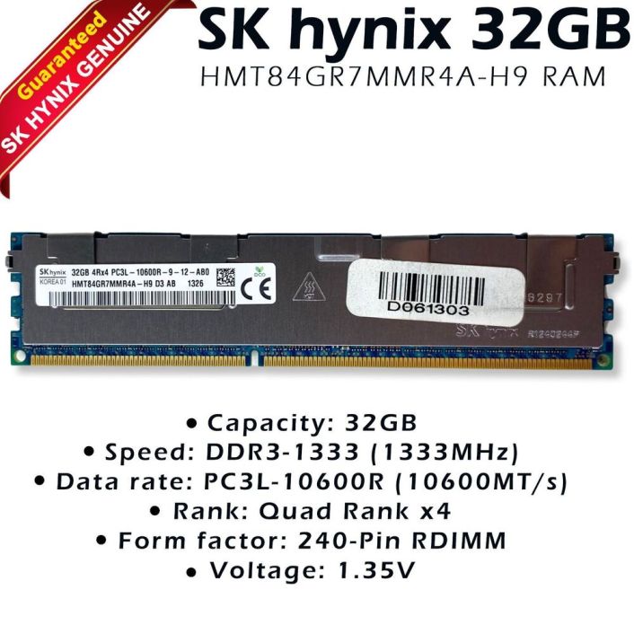 SK Hynix HMT84GR7MMR4A-H9 32GB 4RX4 PC3L-10600R DDR3-1333MHz ECC Memory Module